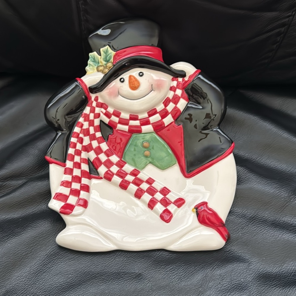 Fitz and Floyd Holly Jolly Snowman Plate with Red Checked Scarf from 2004